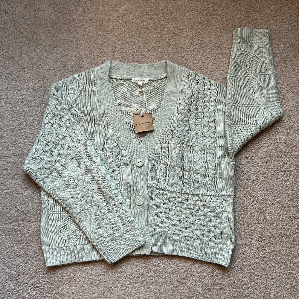 NWT Blu Pepper Sage Green Chunky Cable Knit Cardigan Sweater M B1SJ1011